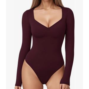 MANGOPOP Sweetheart V Neck Bodysuits for Women Long Short Sleeve Body Suits Tops Shirt. S