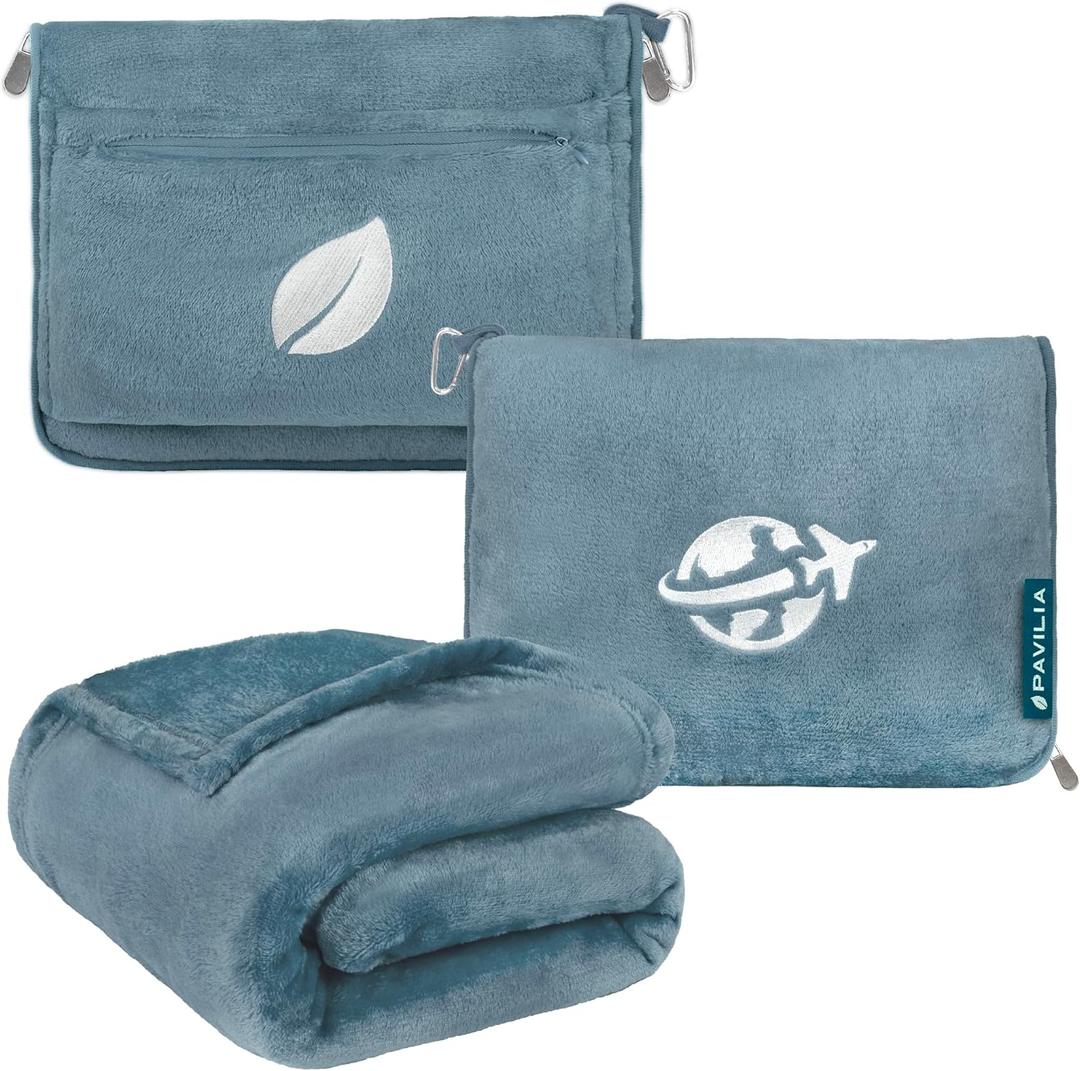 PAVILIA Travel Blanket and Pillow, Arms Opening Airplane Blankets for Adults, Compact Plane Blanket with Arm Hole 2-in-1 Bag for Flight Car Camping Fit in Luggage Backpack Traveler Gift, Blue (65 x 40 inches)