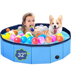 Dog Pool, Foldable Pet Swimming Pool with 6mm High-Strength PP Board, Hard Plastic Collapsible Doggy Pools for Small Dogs Kitty Duck, Non-Slip Doggie Bathtub Quick to Set Up and Drainage Hole (32x8in)