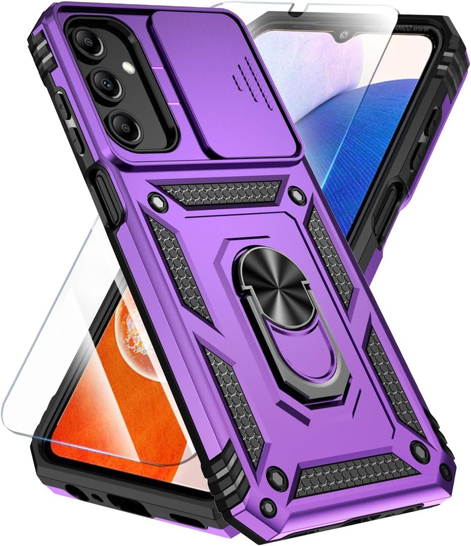 SunStory Phone Case for Samsung Galaxy A15 5G Case with HD Screen Protector & Slide Camera Cover & Rotated Ring Kickstand, [Military-Grade] Phone Case for Galaxy A15 5G (Purple)