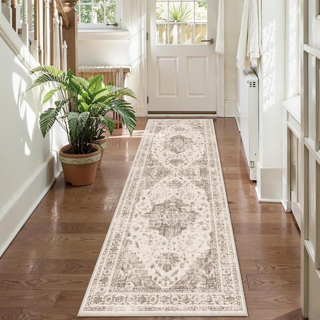 2x6 Hallway Washable Runner Rug Vintage Non-Slip Soft Kitchen Mat Boho Medallion Distressed Farmhouse Carpet Floral Low Pile Indoor Throw Rug for Entryway Bathroom Living Room Bedroom, Taupe
