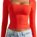 SUUKSESS Women Square Neck Long Sleeve Tops Double Lined Going Out T Shirts, Size: XS