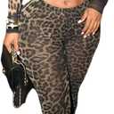 Ophestin Sexy Two Piece Club Outfits for Women Print Mesh See Through Long Sleeve Top Flared Bodycon Pants Set (XX-Large, Leopard)