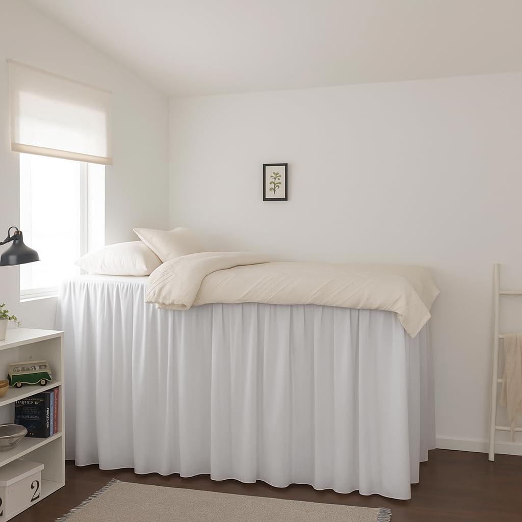 Krishna Dorm Bed Skirt, 100% Microfiber College Bed Skirt Ruffle with Split Corners, Twin XL 32 Inch Drop, White
