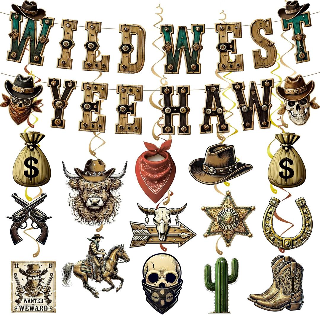 3 x Western Cowboy Party Decorations - West Rodeo Theme Decor Wild West Yee Haw Banner Hanging Swirls for Birthday Baby Shower Party Supplies