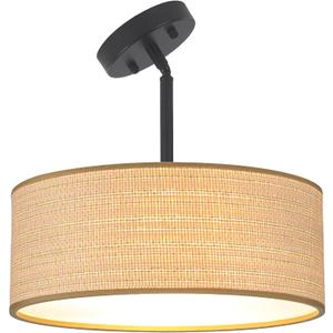 Rattan Sloped Ceiling Light Fixture, 13" Woven Boho Semi Flush Mount Lights with Drum Fabric Shade, Lighting for Bedroom, Dining Room, Living Room, Hallway, Entryway
