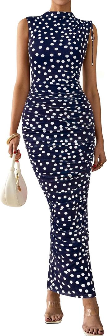 PRETTYGARDEN Women's Summer Maxi Floral Dresses Ruched Bodycon Sleeveless Mesh Formal Wedding Guest Cocktail Split Long Dress (Dot Navy White, M)