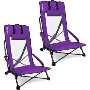 High Back Low Profile Beach Chairs 2 Pack - Extra Wide 22.5" Folding Backpack Sand Chair with Headrest, Ergonomic Seat & Breathable Mesh - Heavy Duty Portable Seat for Outdoor, Concerts, Camping