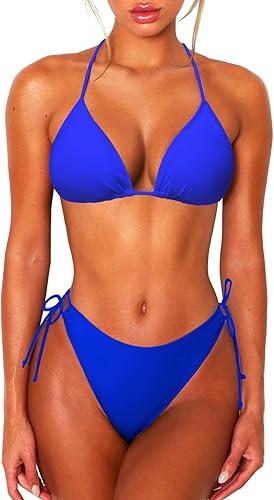 2 Piece Bikini Sets for Women Halter Triangle Bikini Tops Brazilian String Swimsuit Full Coverage Bottom Bathing Suit (Large,Blue)