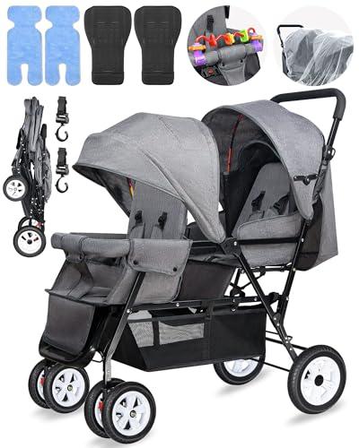 Double Stroller for Infant Toddler, Foldable Double Baby Stroller with Tandem Seating and Adjustable Backrest - Extra Gift Toys/Mosquito Net/Sleeping Mats/ 2 Hooks/ 2 Cotton Pads（Grey）