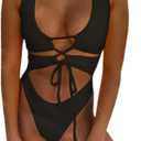 CHYRII Women's Sexy Cutout Lace Up Backless High Cut One Piece Swimsuit Monokini (Large, Black)