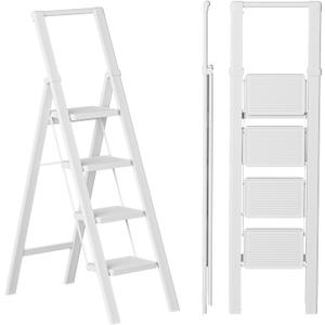SOLADDER Step Ladder 4 Step Folding Stool with Anti-Slip Widened Sturdy Pedal and Handgrip, Portable and Multi-Use Iron Stepladder for Home, Kitchen, 300 lbs Capacity -Pure White