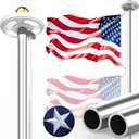 12-Gauge Heavy Duty Flag Pole Holder for Outside House, Flag Pole Kit with Light Solar Powered and Flag, 25FT 100MPH Silver, 2MM Thick Flagpole Hardware with Pulley and Rope