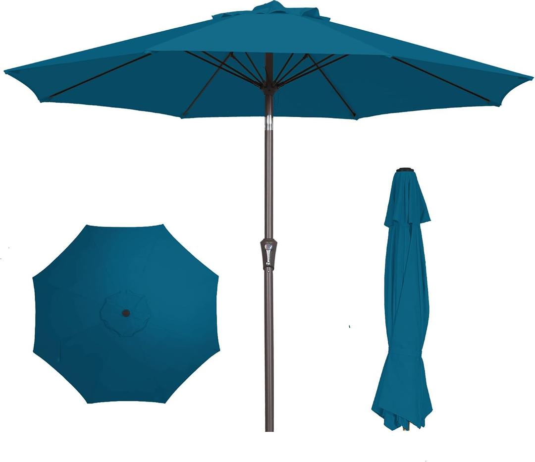 PatioKingdom 9FT Patio Outdoor Umbrella-UPF 50+ Sun Shade with Wind Vent, Push-Button Tilt & Smooth Crank Lift, Rust-Resistant Fiberglass Frame for Garden, Backyard,Yard (Lake Blue)