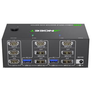 KVM Switch 3 Monitors 2 Computers 8K@60Hz 4K@144Hz, USB 3.0 Triple Monitor KVM Switch with 4 USB 3.0 Ports, 2*Displayport+1*HDMI in,3*HDMI Out,Wired Remote,Power Adapter and USB3.0 Cables Included