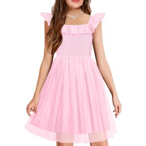 Arshiner Girls Dresses Summer Square Neck Ruffle Sleeve Formal Party Birthday Tulle Dress 6-14 Years (9-10 Years, Dark Pink)
