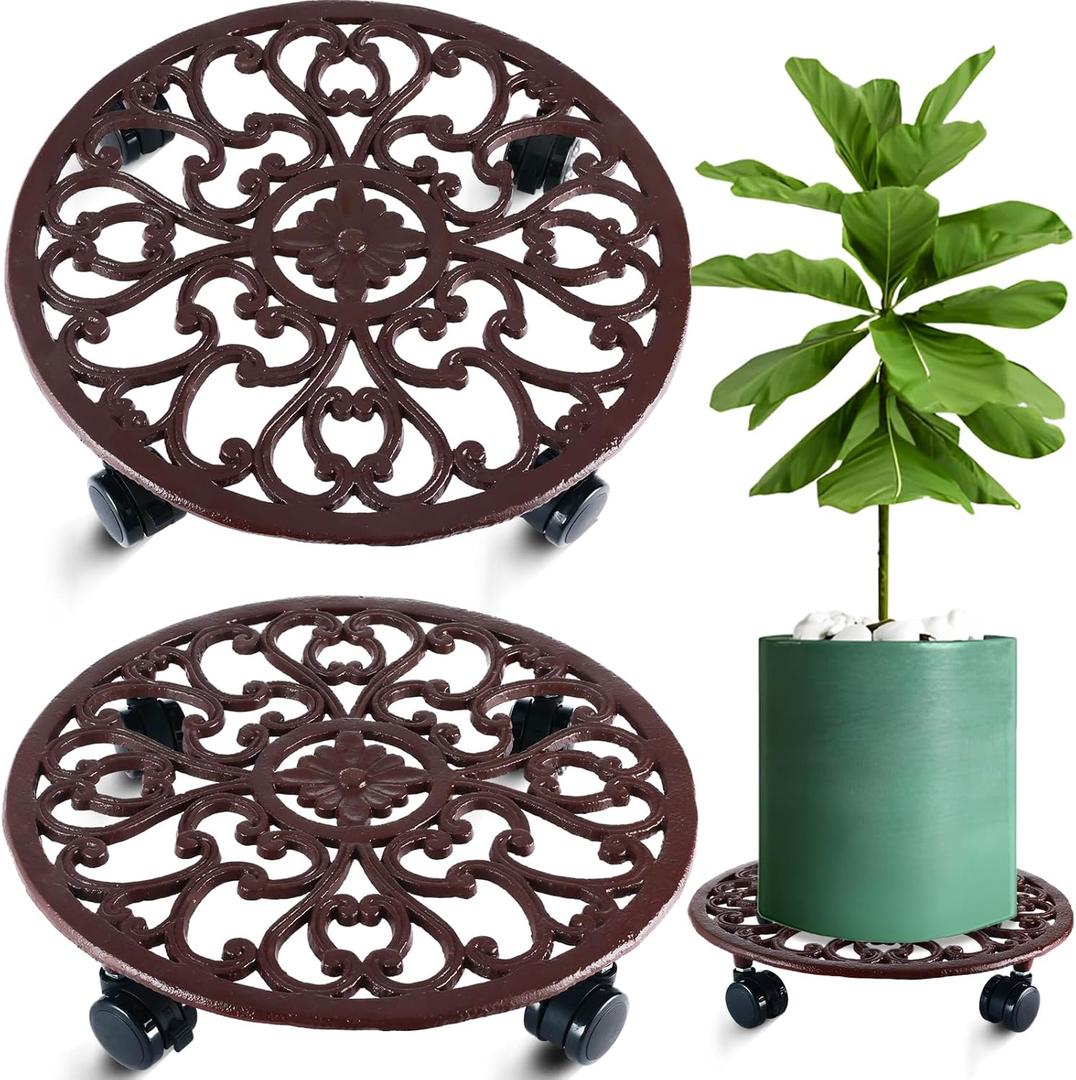 2 Packs 14 Inch Rolling Plant Stand with Wheels Metal Plant Caddy with Wheels Heavy Duty Round Plant Stand Indoor Iron Plants Rollers for Plants, Plant Dolly Brown