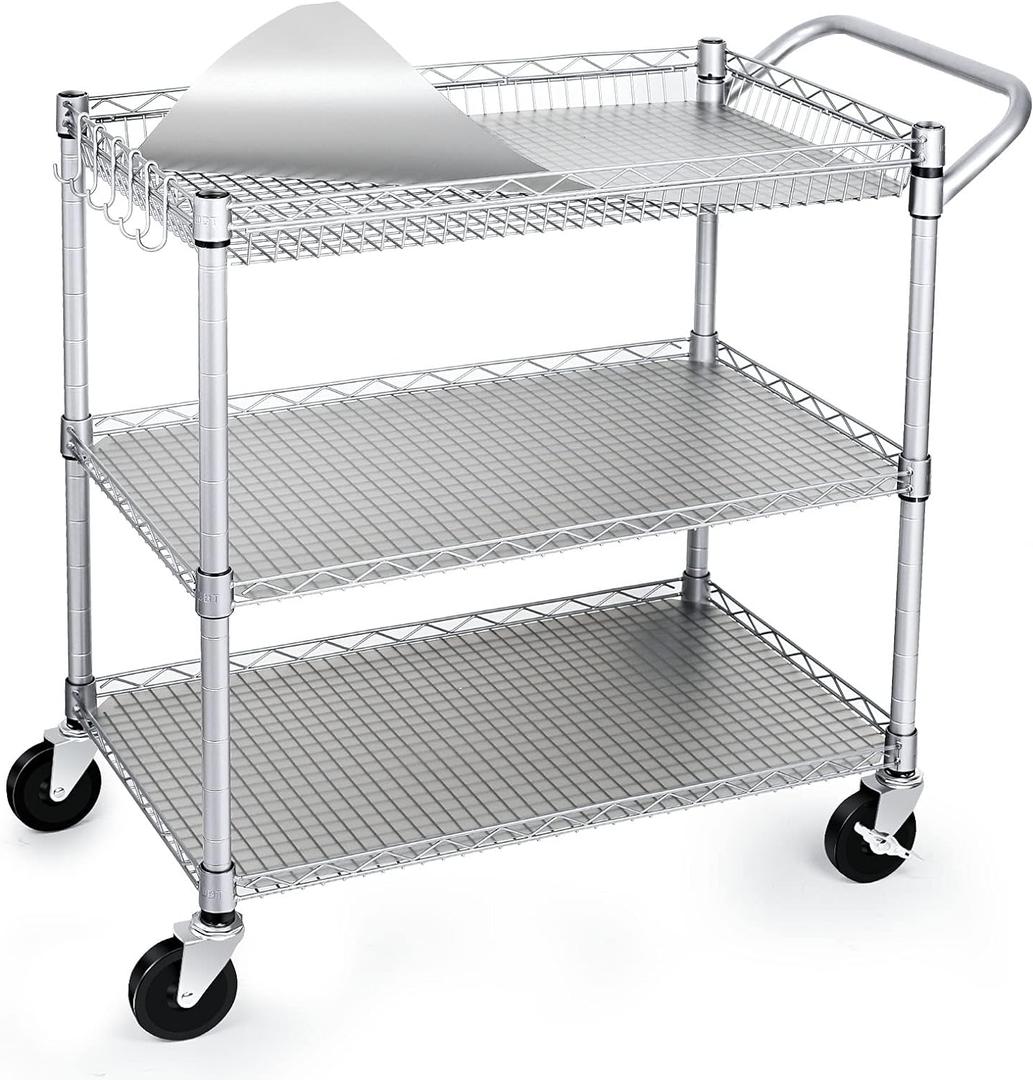 WDT 990Lbs Capacity Heavy Duty Rolling Utility Cart, NSF Rolling Carts with Wheels,Commercial Grade Metal Cart with Handle Bar & Shelf Liner,Trolley Serving Cart for Restaurant,Kitchen,Gray
