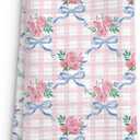 Coquette Blue Bow Floral Kitchen Towel, Grandmillennial Pink Rose Flower Gingham Hand Towel for Bathroom, Pink and White Checkered Dish Tea Towel, Coquette Bathroom Decor, 16x24 Inch
