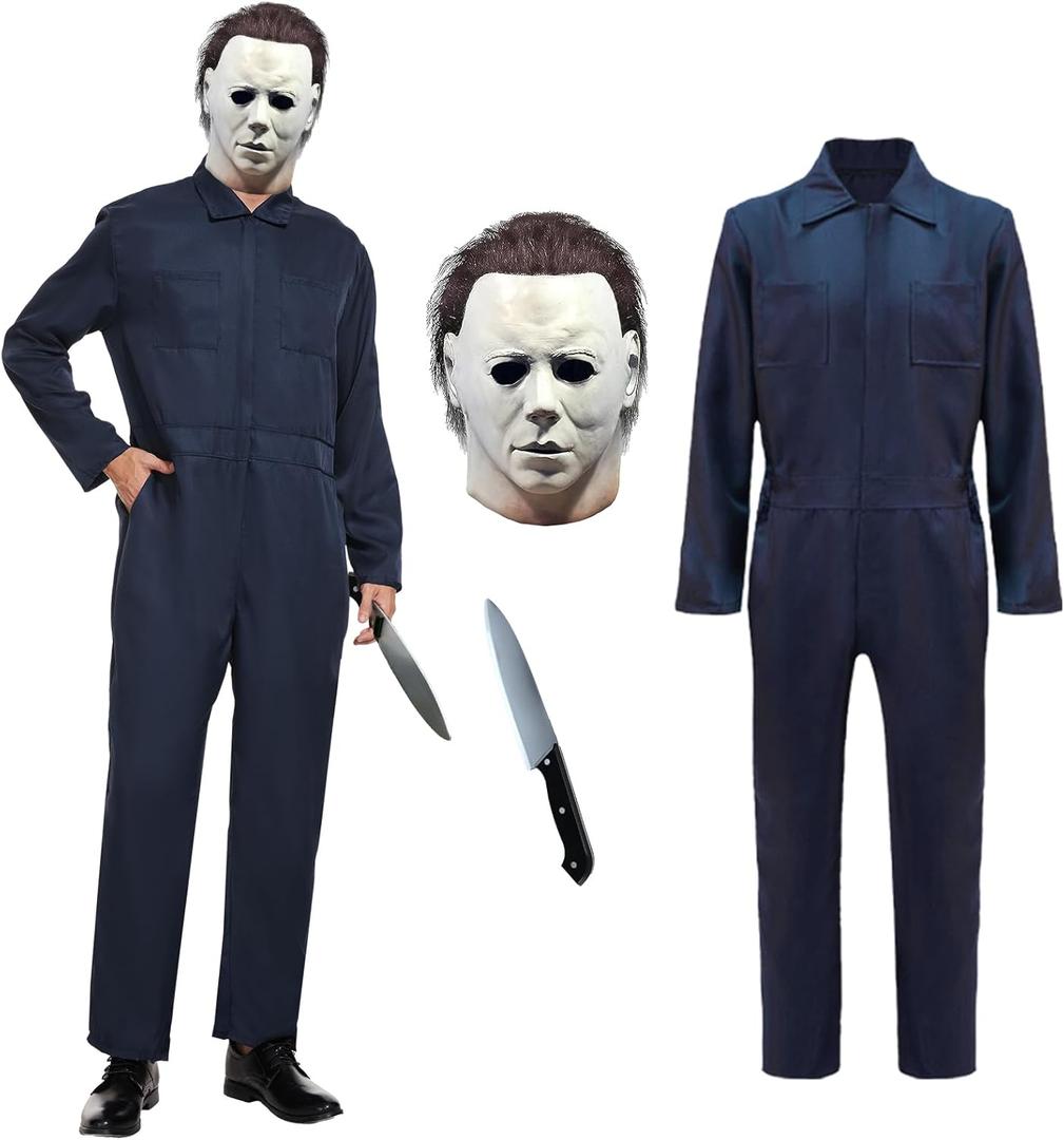 Navy Blue Jumpsuit Coveralls Adult, Horror Costume with Mask and Prop Knife, for Halloween Cosplay (XX-Large)