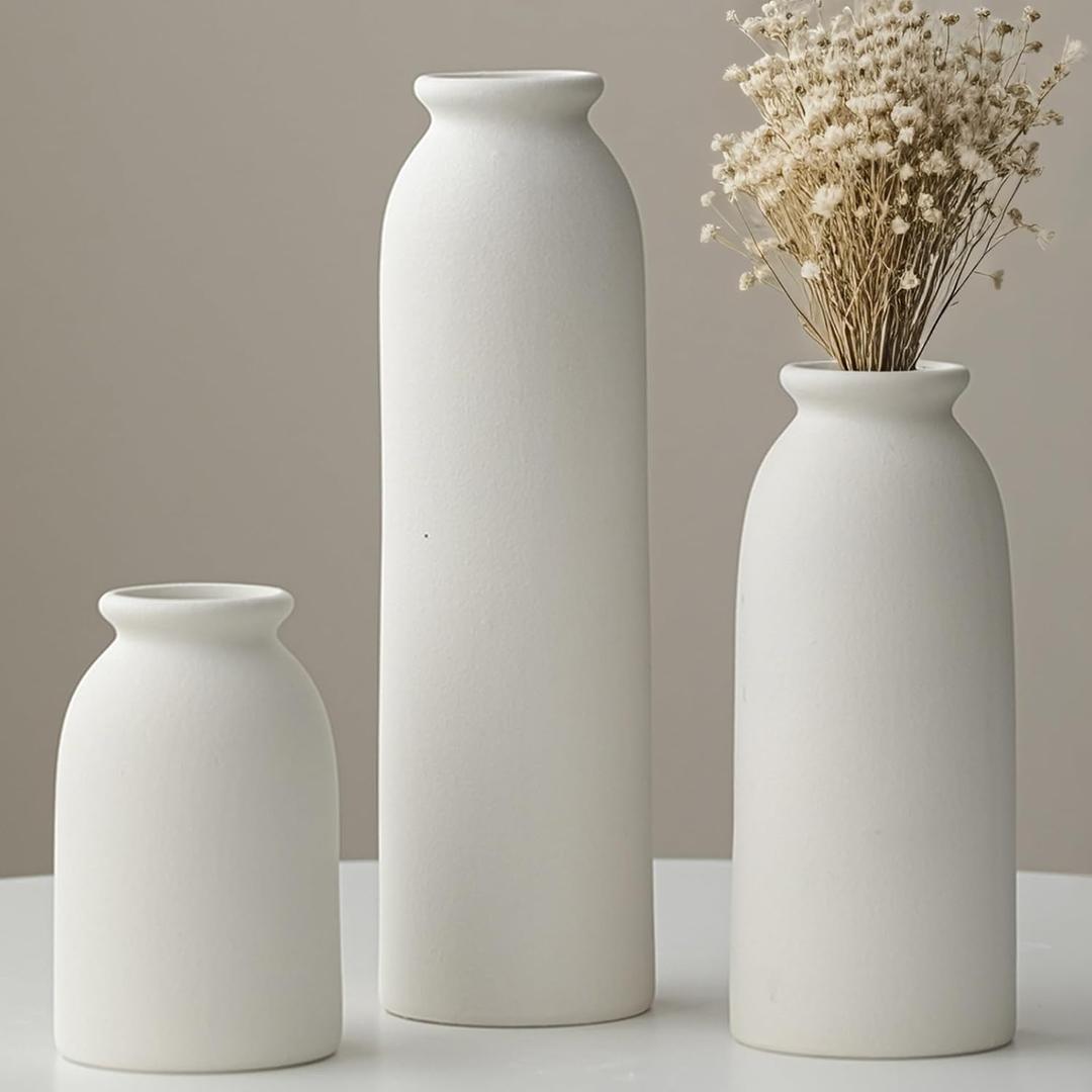 10.6 inches Tall Decorative Ceramic Vase Set, 3 Pieces, Nordic Modern Boho Style, White, for Home Decor (White)