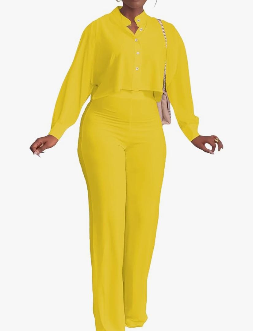 HBQ Women's Summer 2 Piece Outfits Casual Tracksuit Short Sleeve Button Down Crop Top Wide Leg Long Pant Lounge Sets L