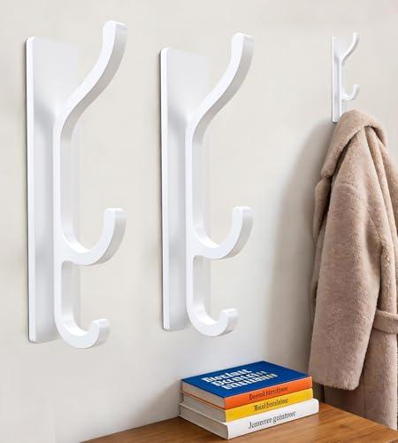 2 Pack Adhesive Wall Hook for Hanging, 30 lbs Super Sticky & Heavy Duty Coat/Towel Hook for Bathroom, Hanging Bags Towels Clothes Hook for Walls No Damage, Patent Pending, White