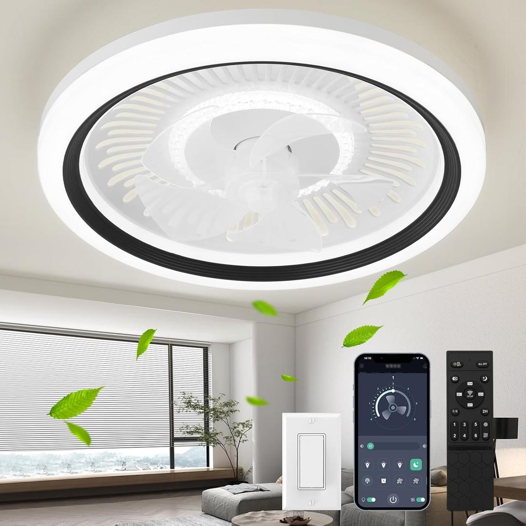 Ceiling Fan with Lights and Remote, 20'' Low Profile Ceiling Fans with Lights, Fandelier Ceiling Fan Light, DC Quiet Motor,3000K-6500K Dimmable, Modern Flush Mount Fan for Bedroom, Black