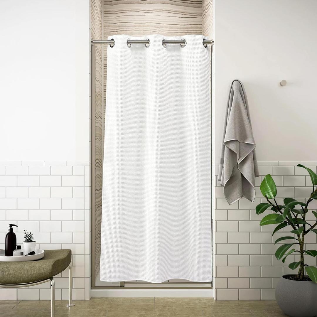 River Dream Stall Waffle Weave Shower Curtain with Snap-in Liner,Cotton Blend Fabric Shower Curtain for Bathroom, Shower Curtain with Liner Set, White,36x74 inches (36"W x 74"L (Pack of 1))
