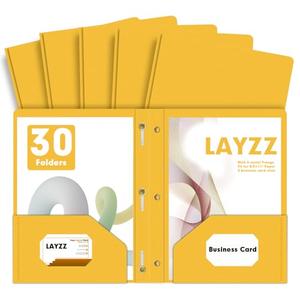 LAYZZ Plastic 2 Pocket Folders with Prongs, 30 Pack, Heavyweight, Letter Size Poly Folders with 3 Metal Prongs Fastener Clips (Yellow)