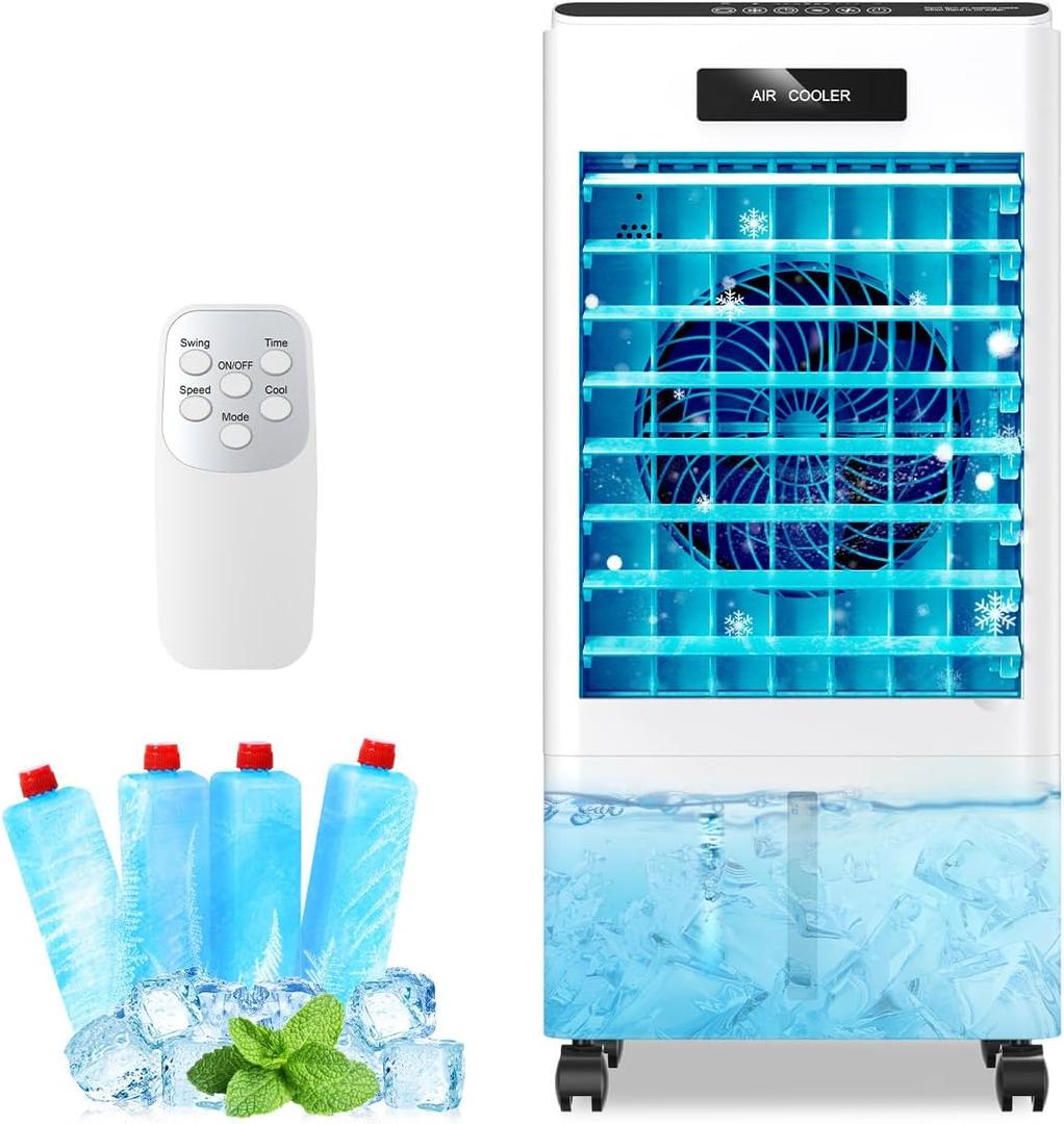 Portable Air Conditioners, 3-in-1 AC Cooling Fan 3 modes 3-Speed with Remote Control & 4 Ice Boxes, Evaporative Air Cooler with 8L Tank 20H Cooling, for Home, Bedroom, Kitchen (White)