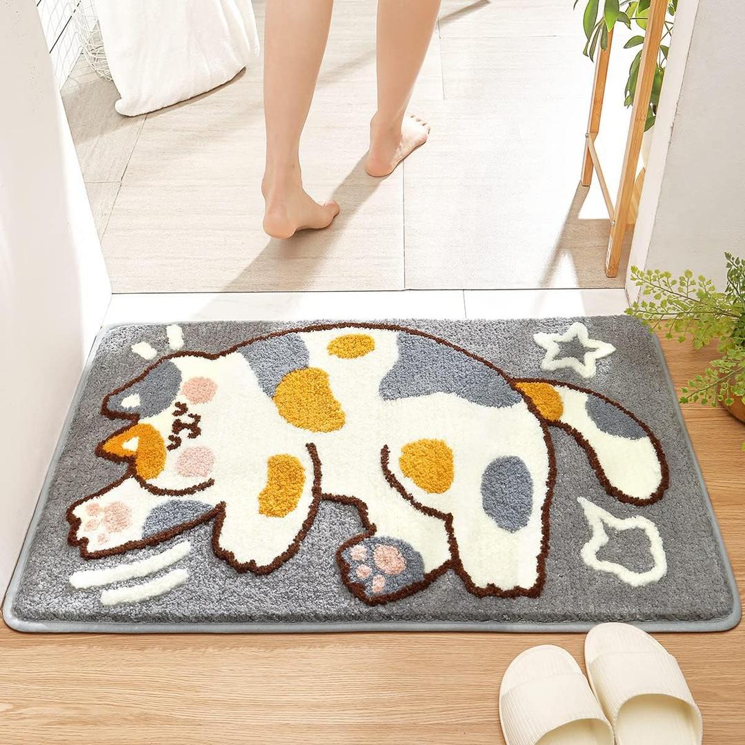 Cute Bath Rug 16 x 24 Cat Mat for Bathroom and Bedroom, Non Slip Absorbent Soft Microfiber Bathroom Mat Machine Washable Thick Plush Rugs for Shower, Calico Cat (Grey)