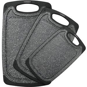 Plastic Cutting Board, 3 Pieces Dishwasher Safe Cutting Boards with Juice Grooves, Easy Grip Handle, Non-Slip, with Grinding Area for Grinding Garlic and Ginger, Dark Grey, XL