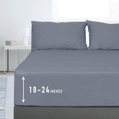 Sunflower Queen Fitted Sheet, 1-Piece Extra Deep Pocket Fitted Bottom Sheet 22", 100% Cotton Sateen Soft Breathable, Stone Blue