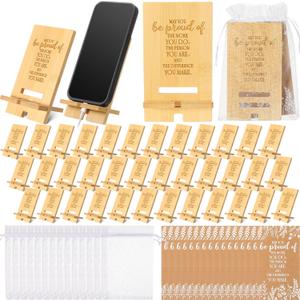 Novabright 36 Sets Employee Appreciation Gifts Bulk Bamboo Wooden Phone Stand for Desk with Greeting Cards Organza Bags Thank You Gifts for Coworkers Nurse Teacher Staff Office