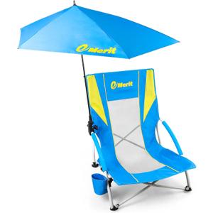 EMERIT Low Beach Chairs for Adults with Removable UPF 50+ Umbrella, Lightweight Folding Backpack Camping Chair with Cup Holder, Portable Sand Chair for Beach, Picnic, Lawn, Single Pack