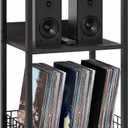 LELELINKY Large Rustic Grey Record Player Stand, 3 Tier 18" Wide Big End Table with Vinyl Storage Up to 130 Albums, Industrial Turntable Printer Tables, Modern Side Tables for Living Room, Office