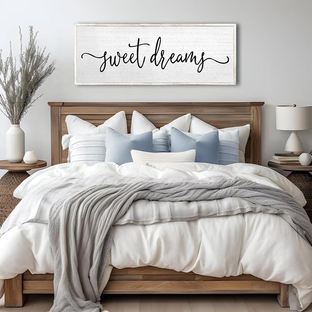 Sweet Dreams Wall Decor Above Bed Sign 40''x15'' Large Wood Framed Master Bedroom Guest Room Sweet Dreams Signs Farmhouse Rustic Wall Art Decoration (White)