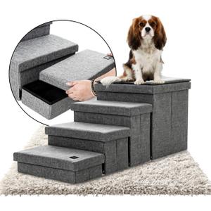Dog Steps for high Bed with Cushion, Foldable Dog Stairs for Small Medium or Large Dogs Puppy with Storage for Bed or Couch, Pet Steps Ramp with Zip up to 200 lbs, Grey, 4 Steps