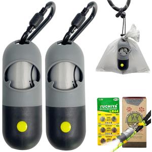 Dog Poop Bags Holder with LED Flashlight|Pet Waste Bags Dispenser for Leash|Doggie Potty Bags Container with Leak-proof Pet Trash Bags and Accessories (2 Holders 30 Bags, Grey and Black) (1 Count (Pack of 2))