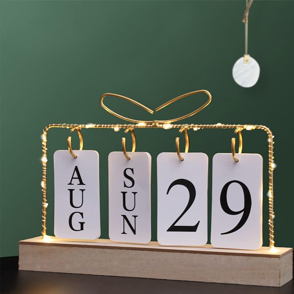 Flip Wooden Perpetual Calendar Gold Metal Stand with Paper Monthly Daily Calendar with Light For Daily Office Home Decor Reusable Office Accessory