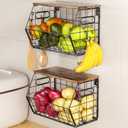 Delamu Stackable Metal Fruit Basket with Wood Lid 2 Pack, Hanging Wall Organizer for Kitchen Counter, Pantry Storage for Onions, Potatoes, Garlic, Fruits, Spices, Black