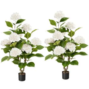2pcs Artificial Hydrangea Artificial Trees 3ft Faux Hydrangeas Flower Tree with Pot for Front Porch Planters Decoration Outdoor Fake Silk Floral Plant for Home Patio Entrance Decor Indoor, White