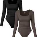 OQQ Womens 2 Piece Bodysuits Long Sleeve Square Neck Ruched Stretch Fitted Bodysuits (X-Large, Black,tea Leaf)