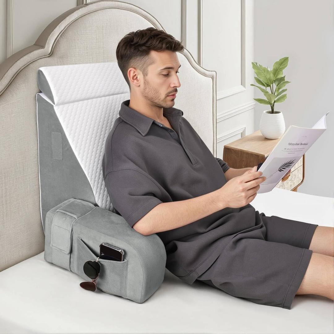 Reading Pillow for Sitting in Bed Adult, Back Pillow for Bed Sitting up, Reading & Bed Rest Pillows for Watching (White/Gray)