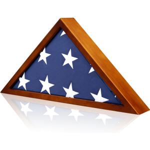 Flag Display Case for 5x9.5 ft American Veteran Burial Flag, Brown Wooden Frame Case Set, Triangle Solid Shadow Box with Wall Mount and Acrylic Front