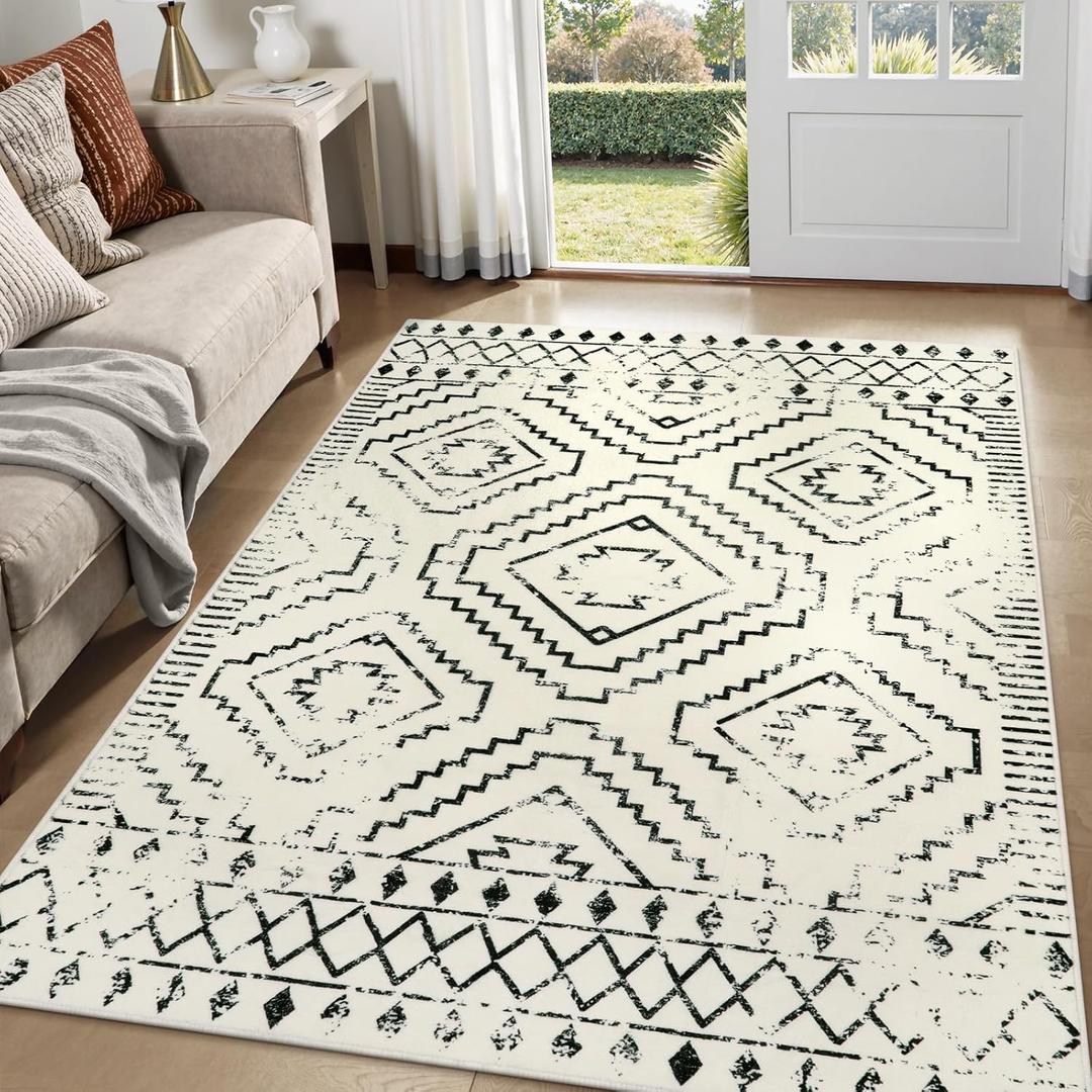 Wonnitar Moroccan Washable Rugs 5x7, Large White Tribal Area Rug for Living Room, Non-Shedding Soft Bedroom Accent Throw Mat, Geometric Floor Carpet for Dining Table Entry Office (Beige,5'x7')