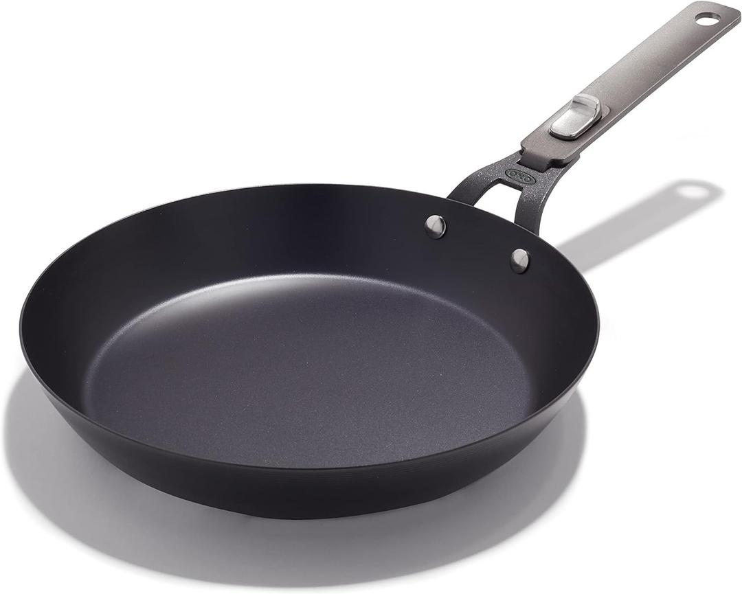 OXO Outdoor Pre-Seasoned Carbon Steel 10" Frying Pan Skillet, Detachable Handle for Easy Storage, Indoor Use, Nonstick with Use, Induction Suitable, Oven & Broiler Safe, Browning, Grill, Sear, Saute, Black