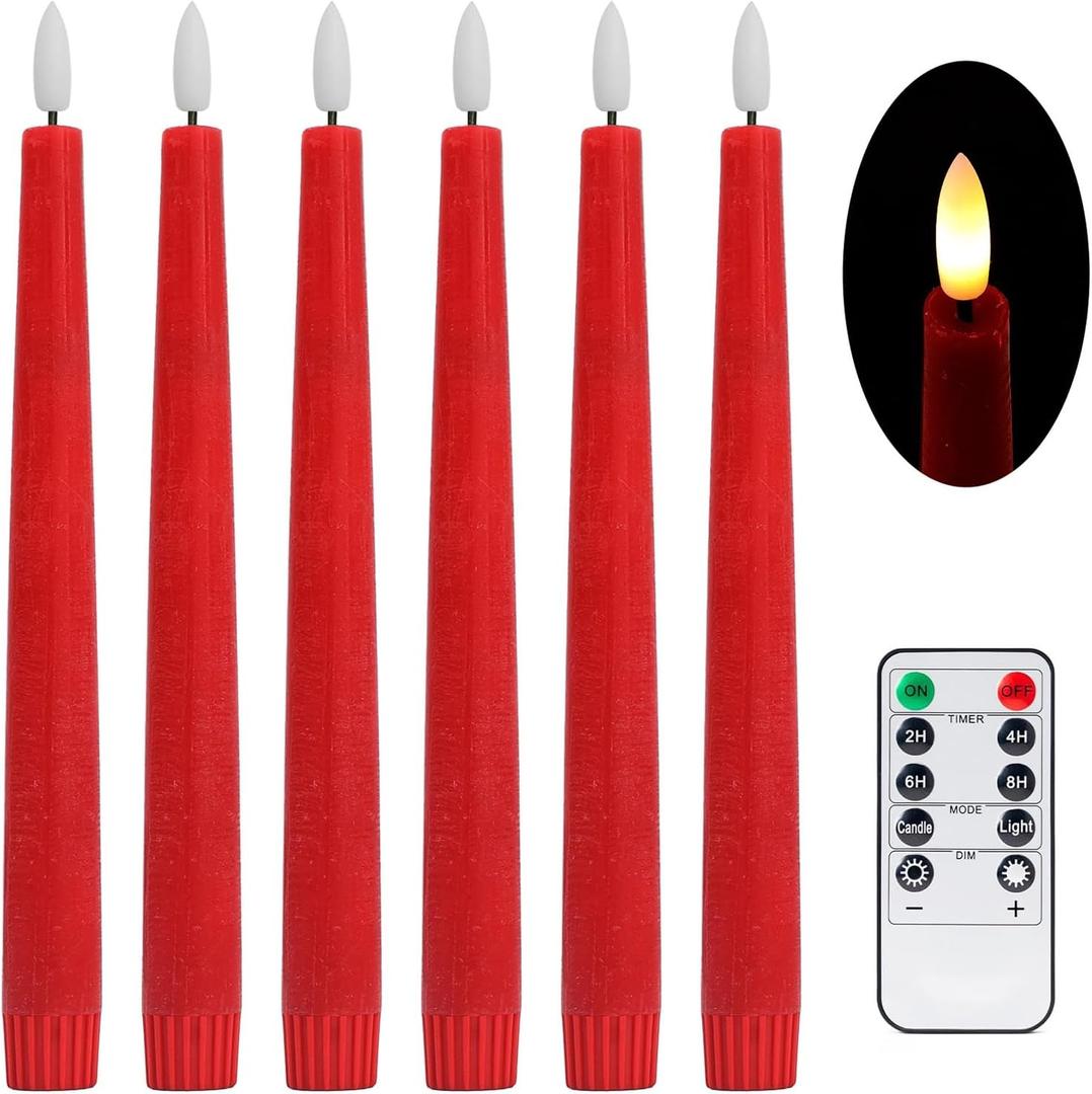 Red Real Wax LED Flameless Taper Candles with Remote and Timer, 9.65 Inch Flameless Candlesticks, Dripless Battery Operated Candles with 3D Flickering Flame - Set of 6