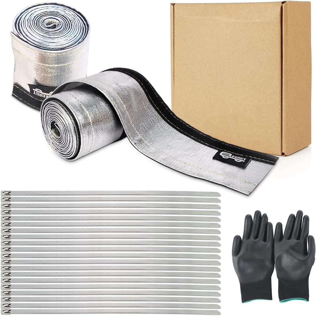 2 Pcs Heat Shroud Sleeve Aluminized Sleeving with Hook&Loop Closure 3/4" I.D.x 10FT with 20PCS Stainless Steel Cable Metal Ties and 1Pair of Operating Gloves